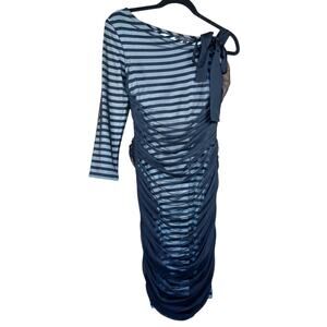 BCBGMAXAZRIA Striped Mesh Ruched One-Sleeve Cocktail Dress Black White Size M